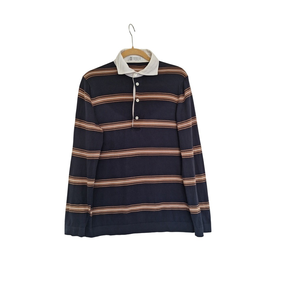 Brunello Cucinelli Mens Striped Rugby Polo Shirt Navy Blue Cotton Italy Size 50